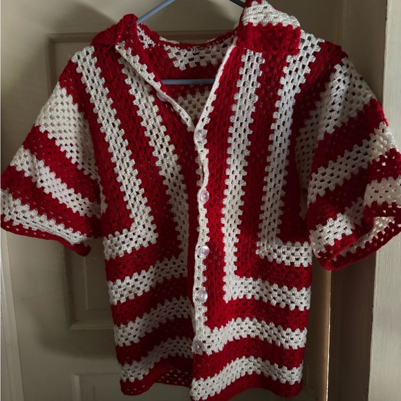Men's Red and White Crochet Button-Up Shirt - Picture 1 of 2